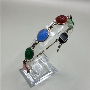 Vintage colorful glass scarab chain link bracelet costume statement silver tone.